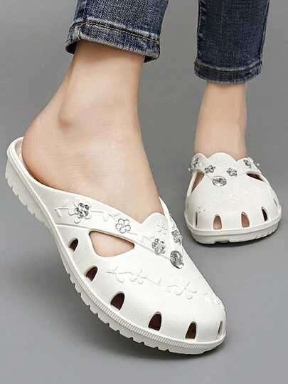 2024 New Summer Roman Style Wedge Heel Sandals For Women, Plum Blossom & Rhinestone Adorned Slippers