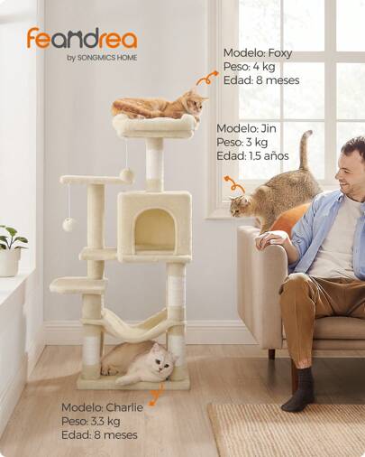 Feandrea Rascador para Gatos, Árbol para Gatos, Altura 112 cm, Torre de Gatos, con 4 Postes Rascadores, 2 Plataformas, 1 Cueva, 1 Hamaca, 2 Pompones, Tela de Felpa, Multinivel, Beige