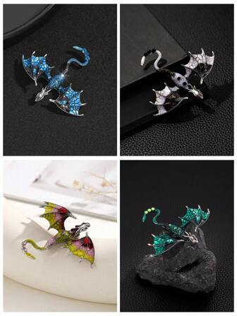 1pc Stylish European And American Alloy Vintage Dragon Shaped Ombre Dripping Oil Craft Brooch With Rhinestone-Set Glass, Unisex Fashion Pin