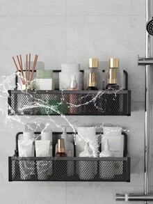 Perforation-Free Bathroom Storage Shelf, Iron Storage Shelf, Bathroom Shelf, Wall Hanging Cosmetics Storage Shelf, Hanging Storage Box Bathroom Accessories Bathroom Tools Bathroom Accessories - Black - View 5