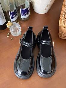 瑪麗珍鞋女士2024年春季新款鞋子配裙子，英式風格增高厚底小皮鞋 - 黑色 - 查看 4