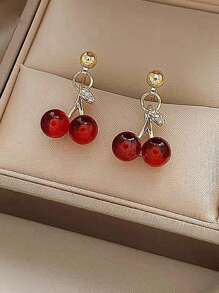 2入組迷你風格酒紅櫻桃項鍊耳環套裝，新潮時尚極簡設計耳針和精美頸鏈 - 酒紅色 - 查看 2