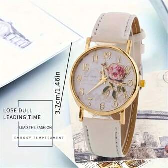 Rose Flower Round Dia Watch Women Elegant Watches Lady Faux Leather Band Arabic Number Quartz Wristwatch Gifts For Women Valentines