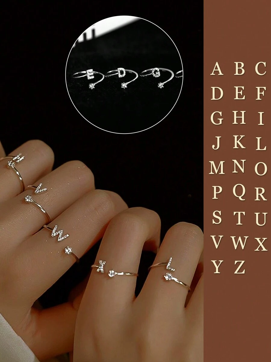 FOREVER QUEEN S925 Sterling Silver Adjustable Initial Rings Personalized Capital Letter Stackable Alphabet English Name Initial Letter Rings Jewelry Gifts For Women Teen Girls Birthday Valentine Day - Silver - View 1