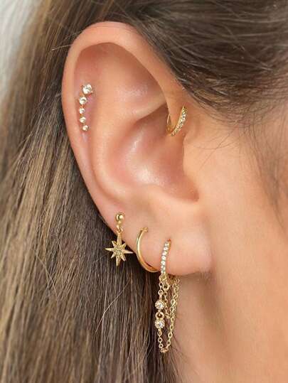 5 Pieces Set Of Women's Earrings, Moon , Star Double Headed Earrings, Three Hole Earrings, Stacked Set