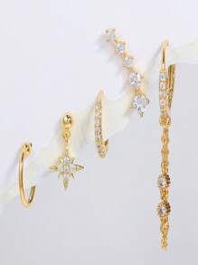 5 Pieces Set Of Women's Earrings, Moon , Star Double Headed Earrings, Three Hole Earrings, Stacked Set - Golden 2 - View 3