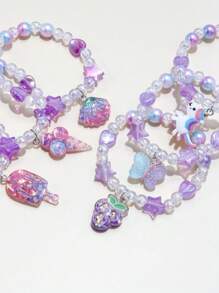 6pcs/Set Girls' Cute Unicorn, Butterfly, Fruit Charm Bracelet Jewelry Set, Colorful Beaded Children's Bracelet Accessories For Holiday Party Birthday Gift, Random Color - Multicolor - View 3