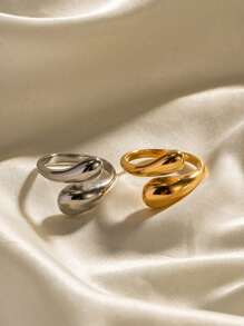 2 piezas Anillos ajustables de acero inoxidable en forma de gota de agua brillante para mujer con extremo abierto.