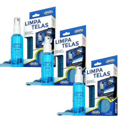 Kit Limpa Telas Start 120ml com Pano Microfibra para limpeza de telas de celular computador tablet TV monitores tira mancha digital gordura sujeira poeira