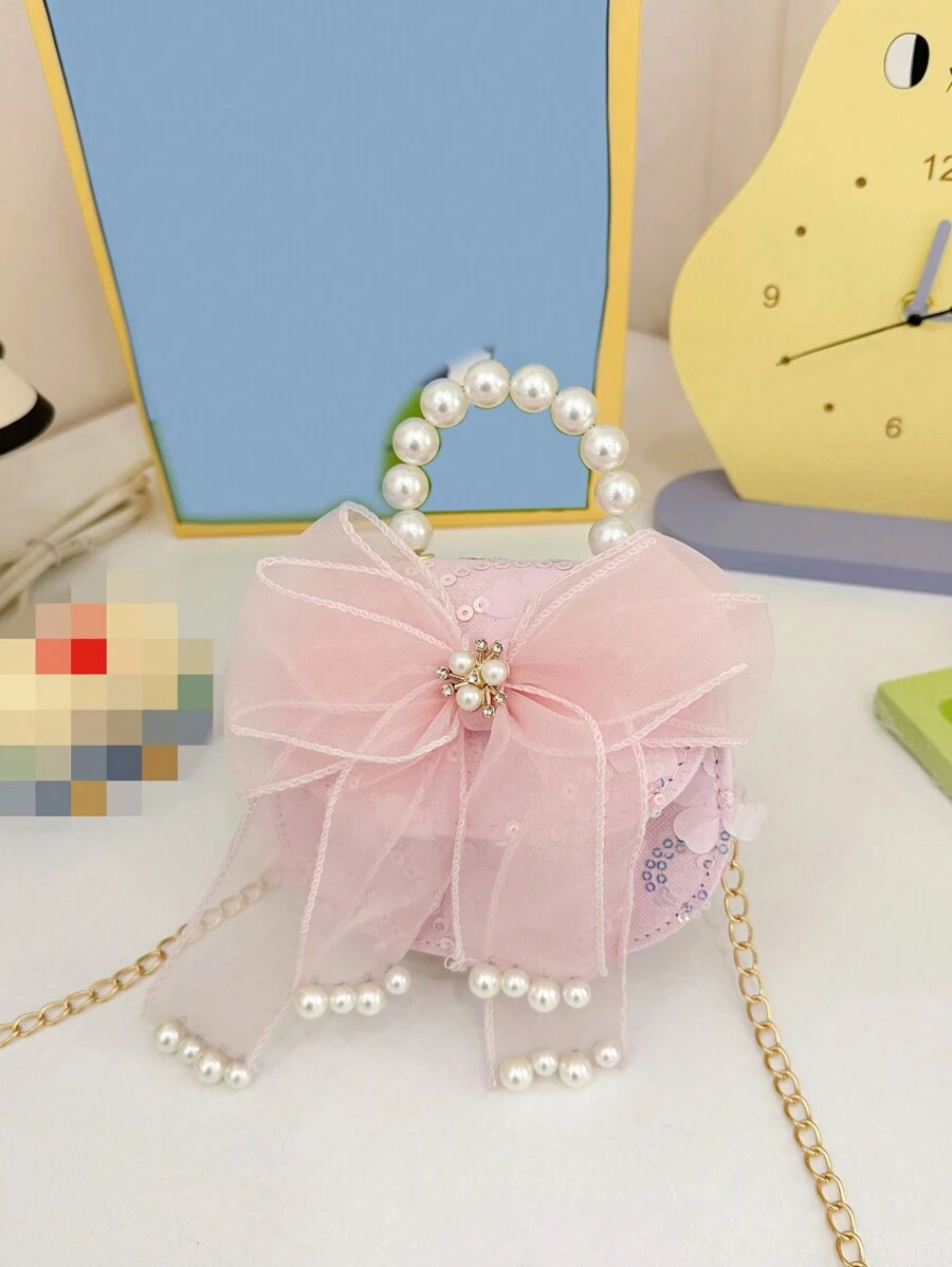 1入可愛的嬰兒珍珠手提包，小型翻蓋包，正方形包，硬殼包，亮片包公主包，鏈條信使包，肩袋，輕巧便攜，翻蓋式，適用於旅行、度假、戶外、超市、婚禮、派對、購物。純色時尚，優雅的蕾絲珍珠蝴蝶結，閃爍的飾物，公主可愛糖果收納包，適用於幼兒、女學生、女孩、最好的朋友。旅遊配件