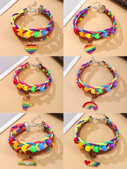 1入組時尚彩虹色手工編織手鍊，旗幟心形彩虹吊墜驕傲月派對珠寶