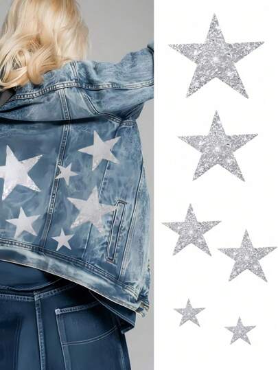 6pcs - Iron-On Star Patches, Self-Adhesive Silver Resin Rhinestone Star Shaped Stickers In Various Sizes For Fashion & Accessories Restoration, DIY Clothes, Shoes, Bags, Hats, Decorations With Glittering Five-Pointed Stars