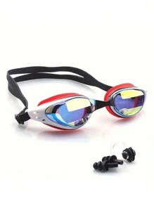 1入組成人電鍍游泳眼鏡，高清抗霧和防水鏡片，防UV和防漏，適用於訓練、游泳池和沙灘，含鼻夾和耳塞，提供游泳時眼睛和耳朵的保護 - 紅白色 - 查看 1