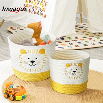 Inwagui 1 pezzo Cesto di immagazzinaggio carino a forma di leone, cesto intrecciato in corda, scaffale, cesto per giocattoli, decorazione domestica per camera da letto, bagno, soggiorno, colore giallo/bianco