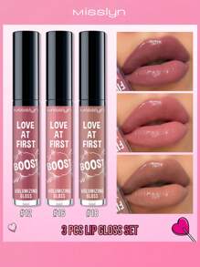 Misslyn Love At First Boost Volumizing Gloss Set, 3Pcs, Volumizing Lip Gloss, Glossy Shine, Make Plumping Lips, Long Lasting Moisture, Shine Lip Finish, Y2K Makeup Party Beach Travel Holiday Camping Outdoors Present Rose Fashion Girl New Year Cosmetic Cosplay Best Trip Festivals Color Fancy Campus School Charm Vibe Cny Chinese New Year, Valentine's Day Gifts,Vegan,Cruelty Free