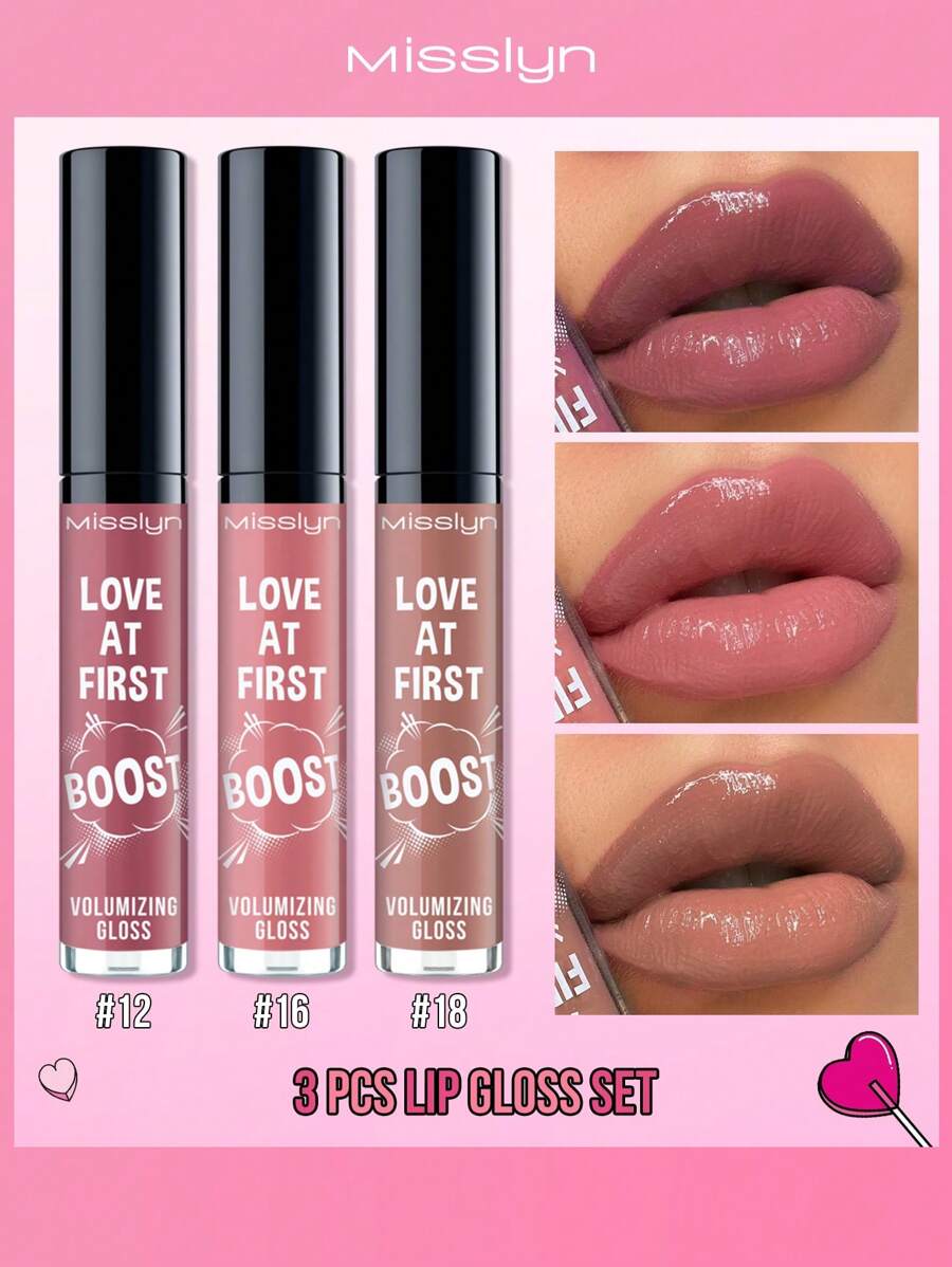 Misslyn Love At First Boost Volumizing Gloss Set, 3Pcs, Volumizing Lip Gloss, Glossy Shine, Make Plumping Lips, Long Lasting Moisture, Shine Lip Finish, Y2K Makeup Party Beach Travel Holiday Camping Outdoors Present Rose Fashion Girl New Year Cosmetic Cosplay Best Trip Festivals Color Fancy Campus School Charm Vibe Cny Chinese New Year, Valentine's Day Gifts,Vegan,Cruelty Free