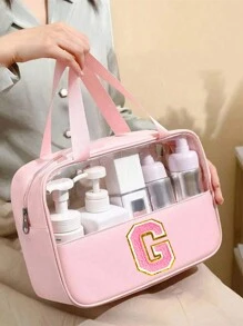 1 PC Fashionable New Square Solid Color PU&PVC Leather Fabric With Floral Letter Print Waterproof Zippered Top And Women's Makeup Bag With A Carrying Strap Design Suitable For College Student For Vacation Holiday For Travel For School Beach Bag Beach Essentials Beach Towel Organizer Beach Accessories Beach Stuff For Summer(Pink) Back To School Supplies