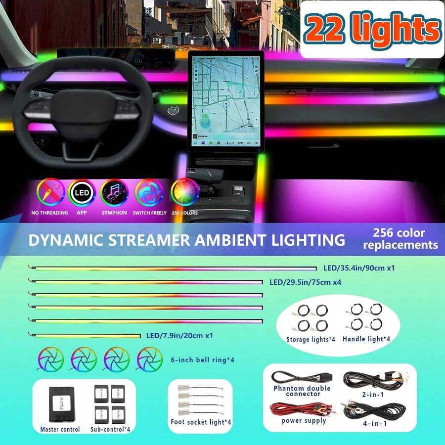 Universal 22 In 1 Streamer Car Ambient Lights RGB 64 Color LED Rainbow Acrylic Interior Automotive LED Lights Strip Symphony Atmosphere Lamp Kit Remote APP Control Car Neon Lights, With Music Sync Function Can Continue To Use For 100000 Hours - 256 Colors - View 1