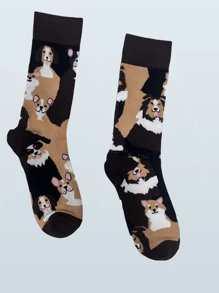 1 Pair New 2024 Men's Mid Socks Personalized AB Asymmetry Hip Hop Harajuku Funny Socks Men Novelity Bicycle Dogs Print Skateboat Happy Socks - Brown - View 7