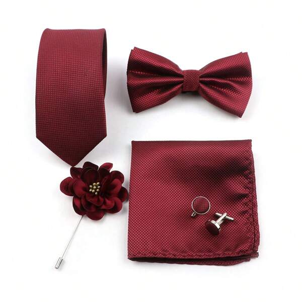 ZONFAZ 5pcs Stylish Business Plaid Necktie, Bow Tie, Pocket Square, Cufflinks And Tie Clip Set For Gentlemen, Suitable For Groomsman, Wedding, Party And Dating Outfits Valentine's Day Valentines