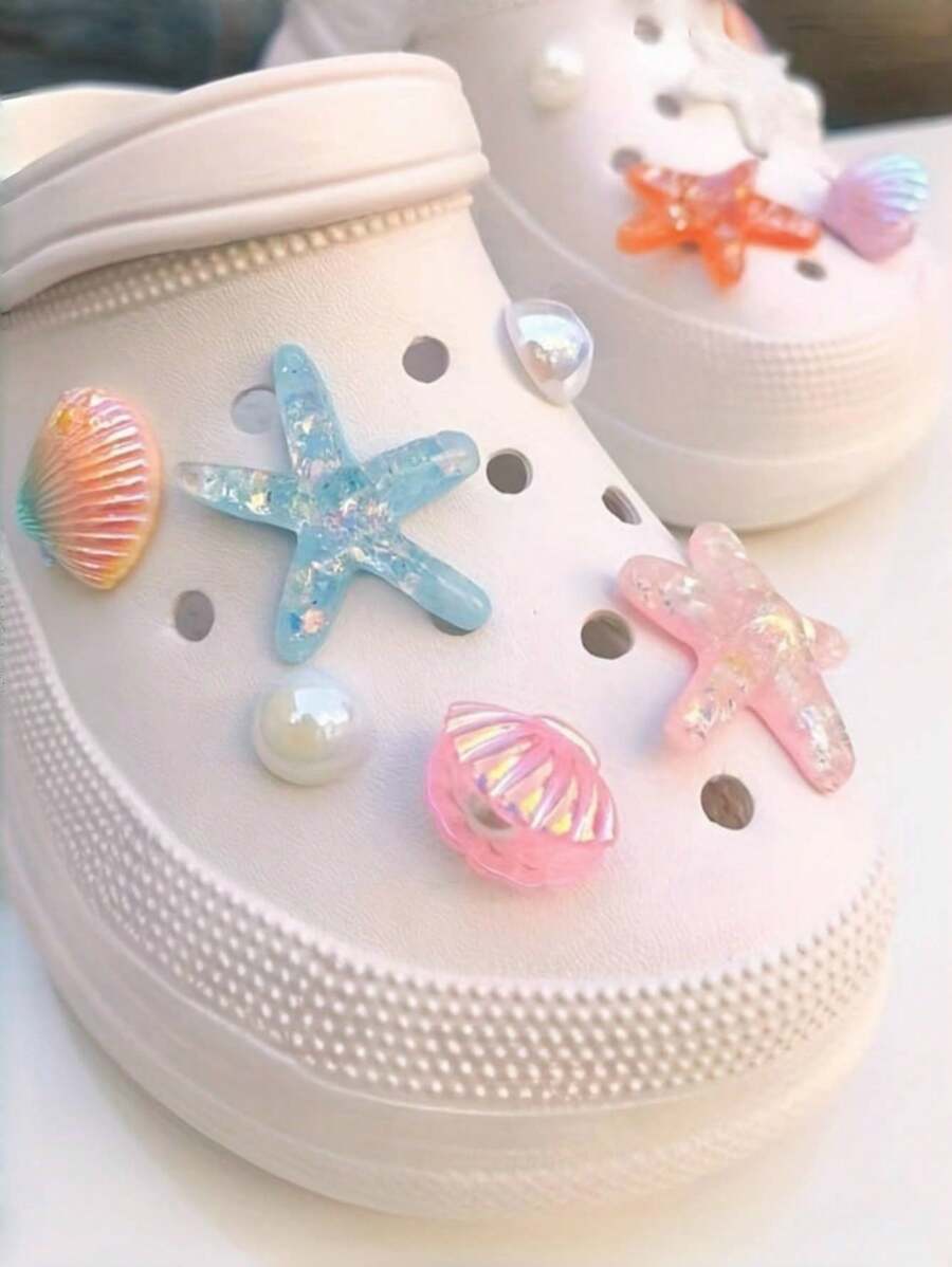 Elegant 12pcs Set Pearl Starfish And Shell Alligator Charms For Women's Beach-Themed ABS Shoe Decoration, Summer, Suitable For, Cute Shoes Accessories For Spring - Multicolor - View 1