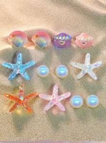 Elegant 12pcs Set Pearl Starfish And Shell Alligator Charms For Women's Beach-Themed ABS Shoe Decoration, Summer, Suitable For, Cute Shoes Accessories For Spring - Multicolor - View 2