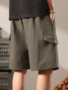 Pantalones cortos para hombre, pantalones cortos casuales para exteriores con cordón de ajuste y bolsillos tipo carga - Verde militar - Ver 2