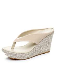 9厘米厚底坡跟凉鞋，波西米亚风沙滩拖鞋，夏季厚底人字拖，女士休闲时尚凉鞋 - 杏色 - 查看 7