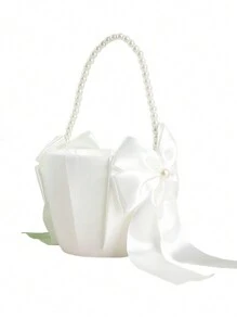 1pc Wedding Faux Pearl Flower Basket, Western Style Wedding Flower Basket For Wedding Festivals,Christmas,Wedding Decor,Western-Style Wedding Ring Bearer Pillow - White - View 2