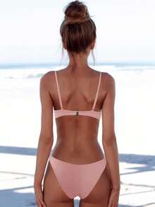 Women's Solid Color Sexy Bikini Set For Summer Beach, 2-Piece Bikini Set - Pink - View 2