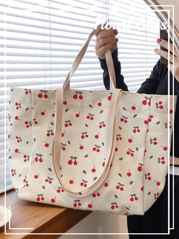 Floral Bliss Bag Fresh And Lovely Cherry Printed Multifunctional Tote Bag For Daily Activities And Shopping, Large Capacity Canvas Shoulder Bag For Travel And School, For Women And Girls, Kawaii Cherry Elements, School Supplies, School Bag, School Handbag, School Tote Bag, School Bookbag, Back To School Bags, Lightweight, Portable, Foldable, Classic Casual, Cute, Suitable For Teen Girls Women College Students, Perfect For Back To School, First Day Of School, Holiday, Beach, Vacation, Concert, Tote Bags For School,College Essentials