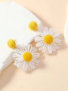 1 par de aretes tejidos a mano en estilo bohemio vacacional con hierba de rafia de color naranja, verde, beige, caqui y amarillo, cuentas y flores margarita, adecuados para uso diario por mujeres - Beis - Ver 3
