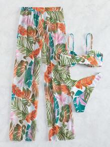 Conjunto De Bikini De 3 Piezas Con Estampado Tropical Y Corte Alto Para Playa De Verano Con Cubierta,Bañador Bikini Halter Con Estampado Tropical,Bañadores Para Fest