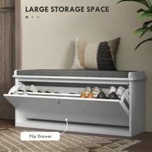 HOMCOM Shoe Bench, Entryway Bench With Flip Drawer, Seating Cushion And Adjustable Shelf For 10 Pairs Of Shoes For Hallway, White - White - View 6