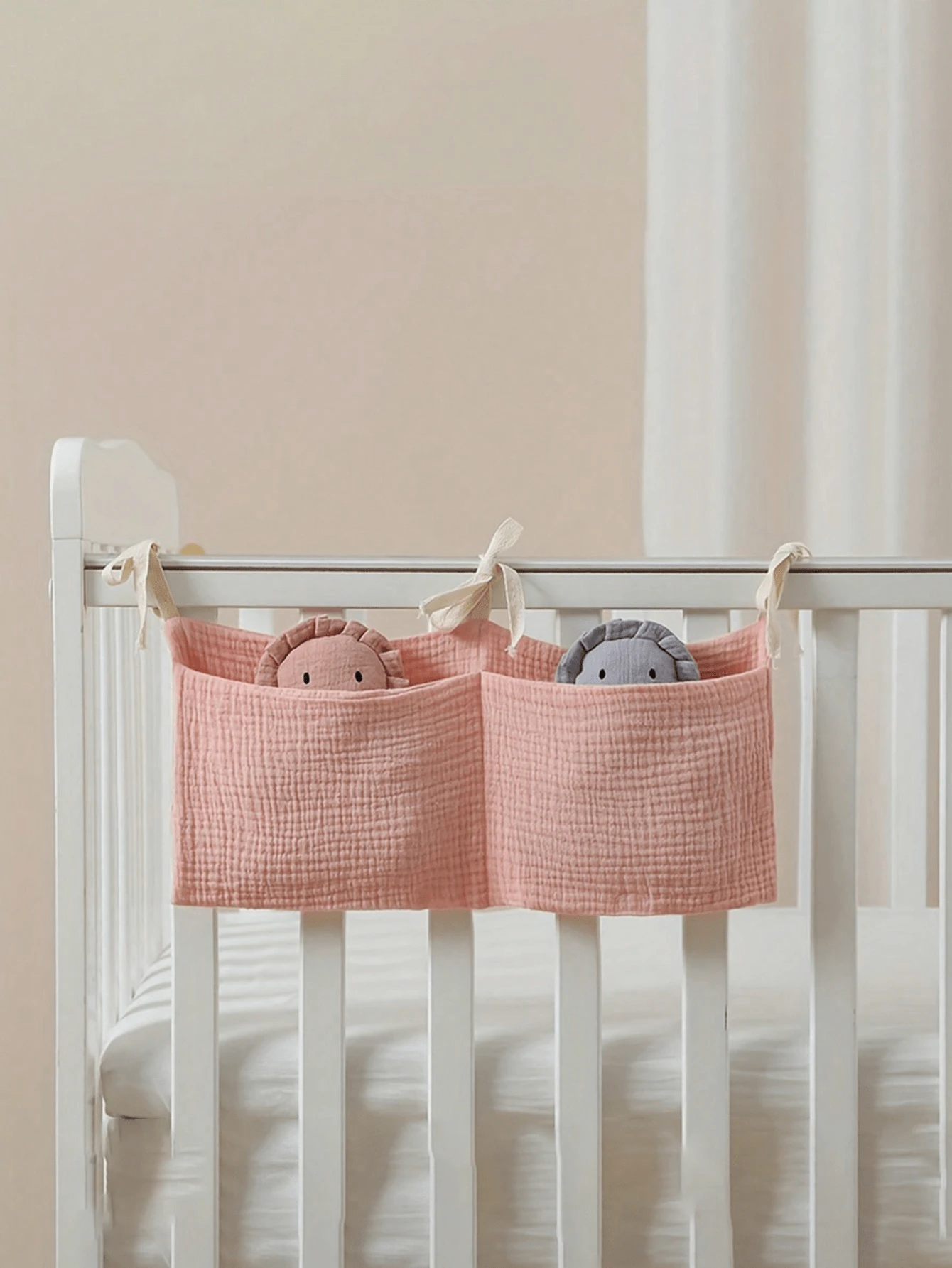 Baby Crib Storage Hanging Bag Stroller Pure Cotton Multifunctional Diaper Diaper Molar Toys Laminated Storage Bag(Pink)