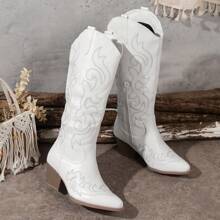 Women's Embroidered Leather Platform Wedge Boots - White - View 3