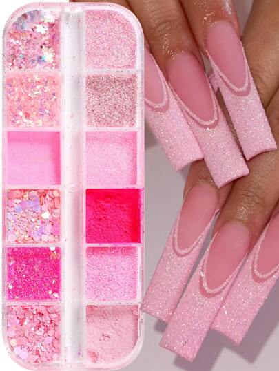 FULL BEAUTY 12 Grids Pink Nail Glitter Sequins Summer Neon Sugar Nail Art Powder 3D Holographic Sandy Flakes Decorations For Manicure Nails
