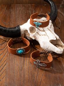 1 pieza Brazalete con concha de cabeza de vaca, cruz y piedra de turquesa azul en estilo occidental para mujeres