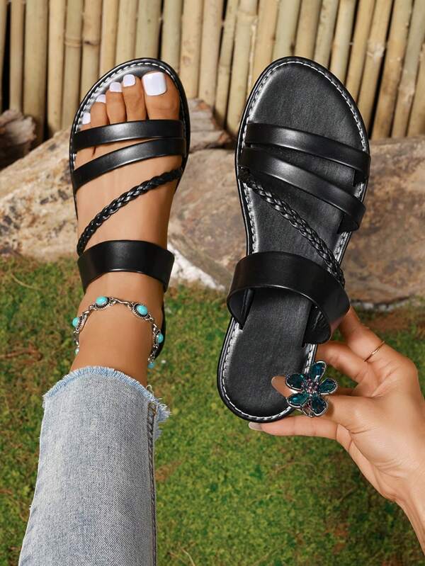 Chinelos Planos de Mulher Tecido Feito à Mão, Sapatos Antiderrapantes de Couro Sintético com Dedo Aberto, Chinelos de Praia para Férias e Atividades Ao Ar Livre