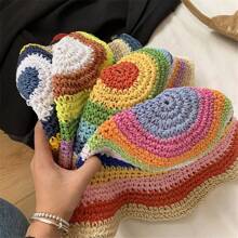 1pc Hand-Woven Rainbow Striped Bucket Hat, Breathable Bucket Hat For Summer - Multicolor - View 1