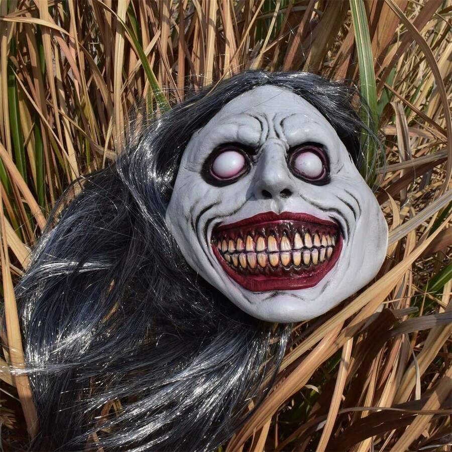 万圣节成人面具、恐怖老巫婆面具、化妆舞会恐怖面具、微笑恶魔恐怖脸角色扮演万圣节头饰、狂欢节鬼屋道具、长发鬼服装配饰 - 彩色 - 查看 1