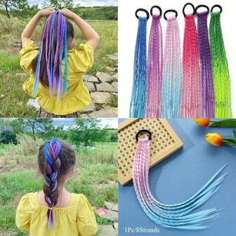 1Pc/8Strands Colored Braids Hair Extensions With Rubber Bands 16 Inch Rainbow Ponytails Braided For Women Synthetic Hair Extension Accessories Colorful Crazy Hair Day Accessories For Women Hair Extensions