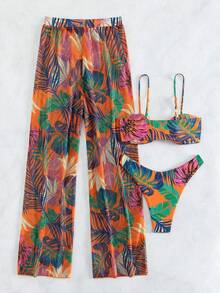 Conjunto De Bikini De 3 Piezas Con Estampado Tropical Y Corte Alto Para Playa De Verano Con Cubierta,Bañador Bikini Halter Con Estampado Tropical,Bañadores Para Fest - Naranja - Ver 4