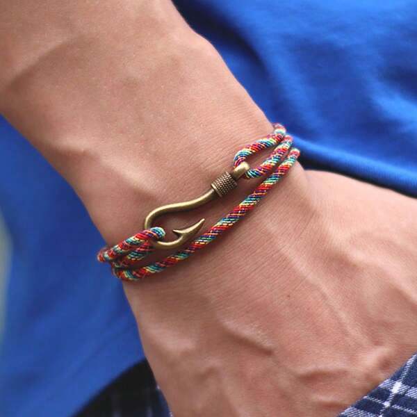 Vintage Fish Hook Man Bracelets Accessories Male Double Layer Lucky Bracelet Braided Bracelet Adjustable Gift For Him ﻿ ﻿
