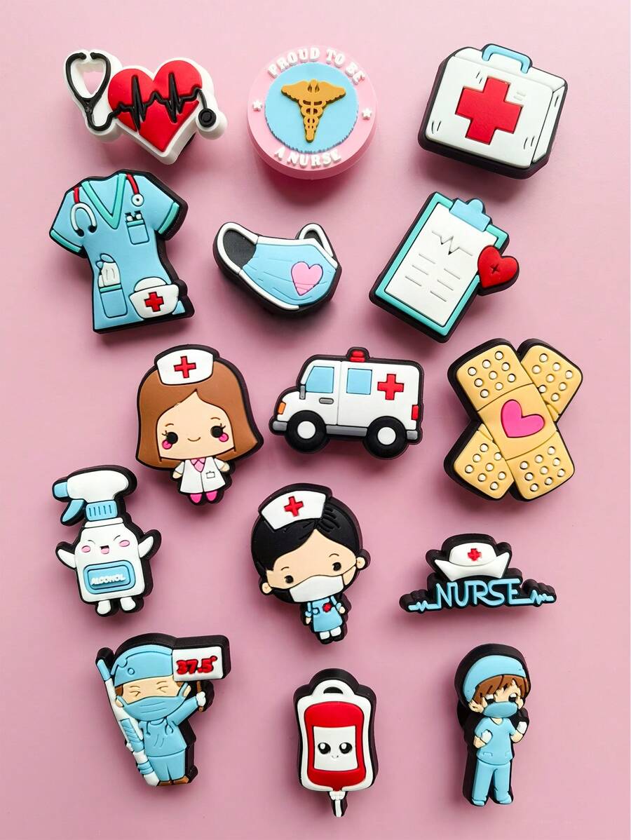 15 件医疗系列、创可贴、护士服、口罩、帽子、医疗包、救护车鞋饰，适用于腕带手链凉鞋泡泡拖鞋 PVC 鞋饰，适用于 DIY 配饰派对礼品 - 彩色 - 查看 1