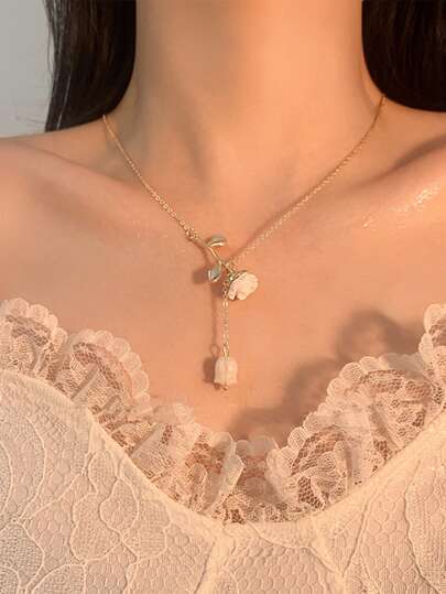 topshiny 1 件韩国优雅玫瑰花流苏项链，奢华小众风格人造珍珠吊坠，适合女士情人节