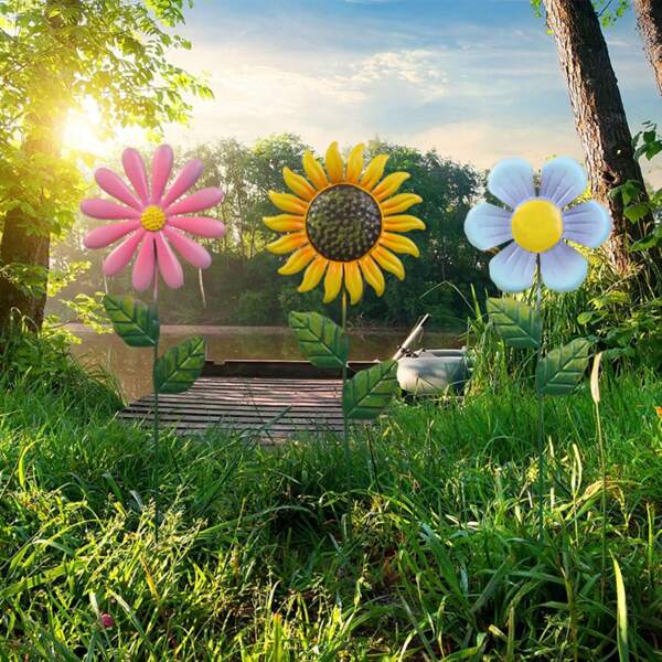 3 pièces Décoration de piquet en forme de fleur en fer, piquets de tournesol en métal pour jardinière extérieur, décoration pour terrasse, pots de fleurs, décoration de bonsaï