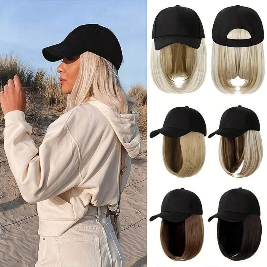 Baseball Cap Wigs For Women Black Hat With Bob Hair Extensions Attached Synthetic Hairpieces Short Wig Adjustable Caps