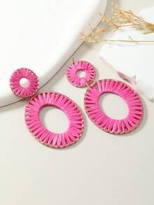 1pair Bohemian Style Handmade Woven Oval Raffia Earrings In Khaki And Pink, Simple & Fashionable Women's Daily Wear Accessory - Raffia - View 3