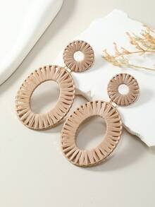 1pair Bohemian Style Handmade Woven Oval Raffia Earrings In Khaki And Pink, Simple & Fashionable Women's Daily Wear Accessory - Raffia - View 6